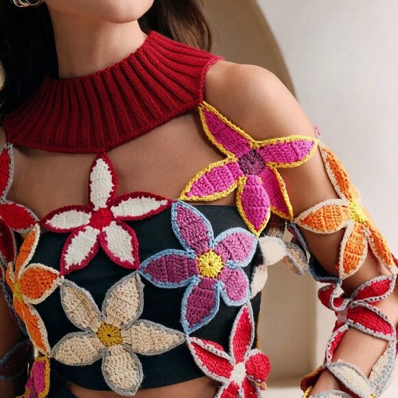 Red Elegant Women's Hand Crochet Lg Sleeve Stand Collar Minimalist Blouse - Picture 3 of 6